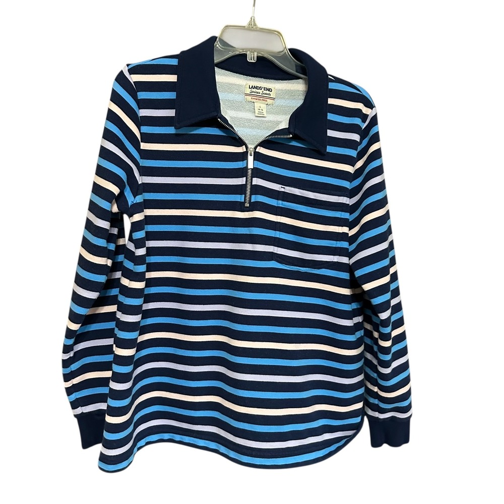 Lands End Serious Sweats Striped Quarter Zip Pullover Top Women's Size L Preppy